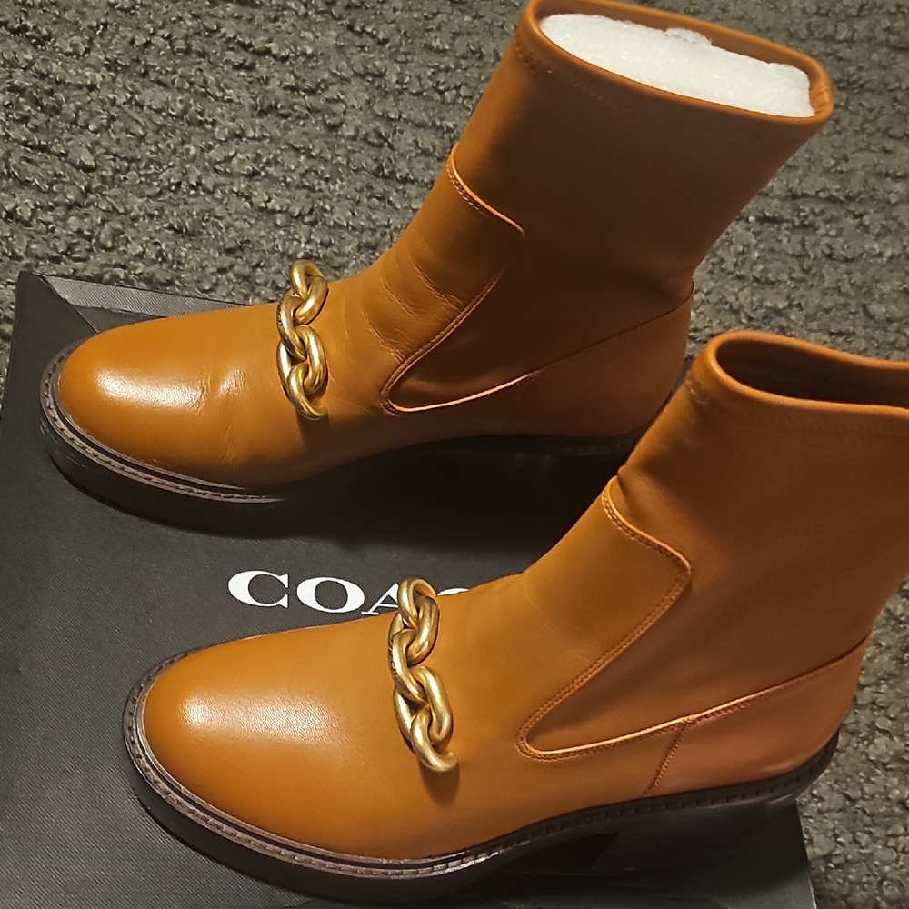 Coach Kennah Women's Brown Ankle Booties with Gold Chain